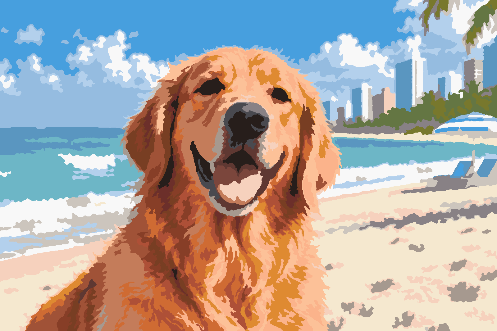 The same golden retriever photograph simplified into distinct paint-by-number color regions