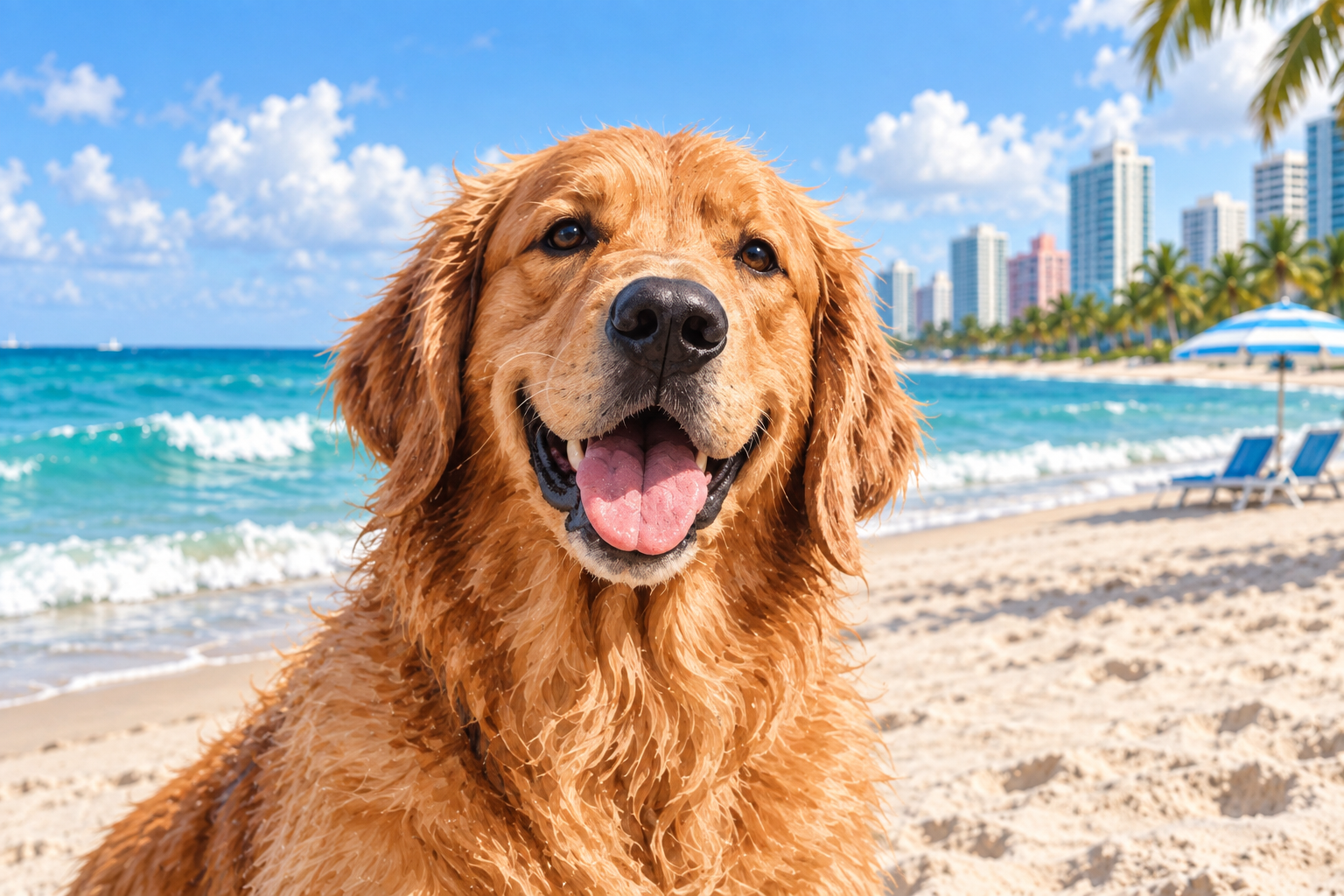 A golden retriever enjoying a sunny day at the beach